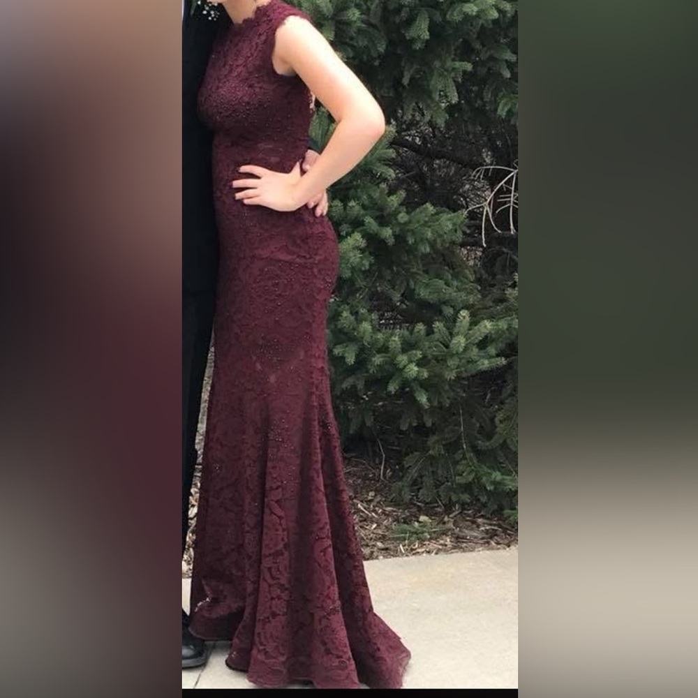 Betsy & Adam Burgundy Sleeveless Lace Gown